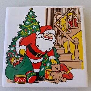 Vintage 1982 JSNY Christmas Trivet Ceramic Tile Santa Claus Kids Wall Hanging 4"